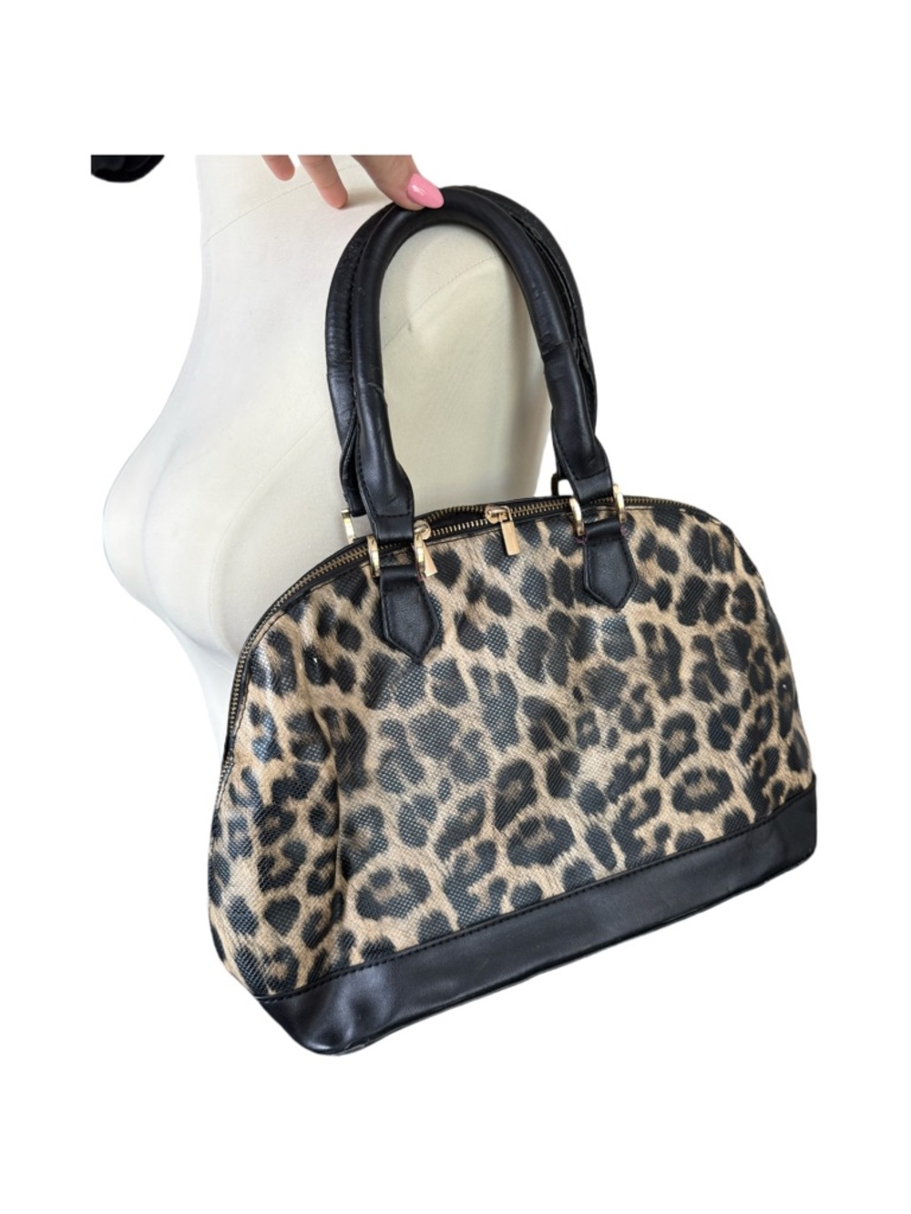 Vintage Leopard Print Dome Satchel Handbag - Black Trim